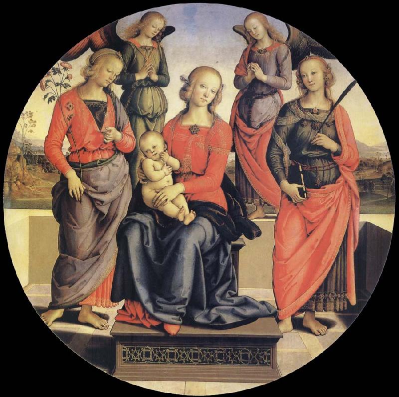 Pietro vannucci called IL perugino The Virgin and the Nino acompanados for two angeles, Holy Rose and Holy Catalina Sweden oil painting art